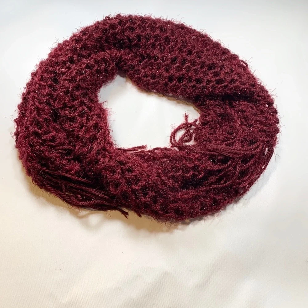 Burgundy 2 Piece Scarf Beanie French Beret Knit With Silver Shimmer Matching Set